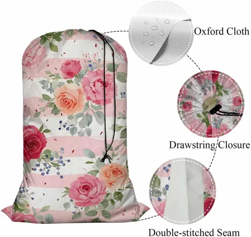 Miniatura 4 de Swono Cesta de almacenamiento de juguetes de comedor con diseño de rosas rosadas, bolsa de lavandería con cordón, románticos ramos de peonías Rosa