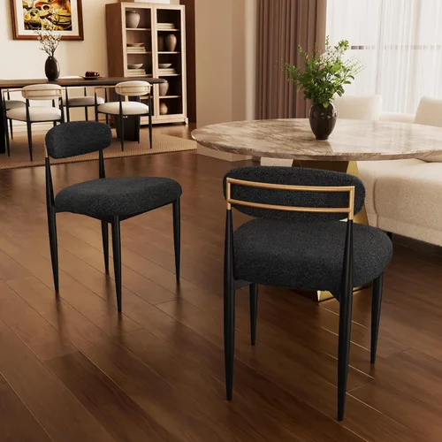 Morden Fort Juego de 2 sillas de comedor color negro, sillas tapizadas Boucle con respaldo curvado y marco de metal para comedor, cocina y