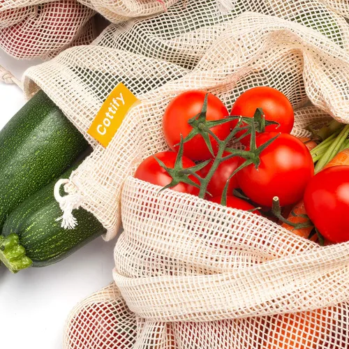 Miniatura 5 de 6 bolsas reutilizables para productos alimenticios lavables Bolsas de malla de algodón orgánico para productos Doble costura y peso de tara