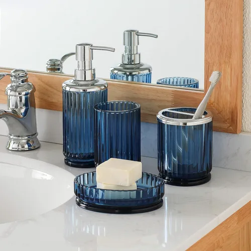 Miniatura 3 de Juego de 4 accesorios de baño de vidrio azul pesado con patrón decorativo prensado, incluye dispensador de jabón de mano, vaso, jabonera y soporte