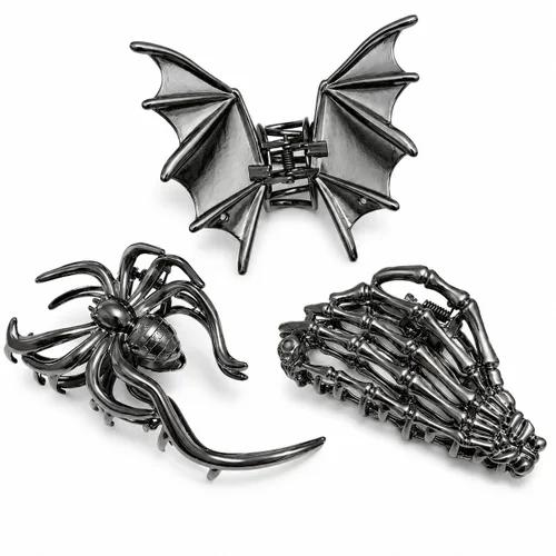 Parcce 3 pinzas góticas para el cabello para mujer, pinzas de mano de esqueleto de murciélago negro metálico, accesorios de cabello de Halloween de