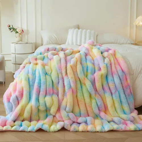 Miniatura 10 de MEGO Manta mullida de piel sintética de conejo, manta mullida de lujo con rayas acanaladas para cama, sofá, silla, manta peluda color marfil