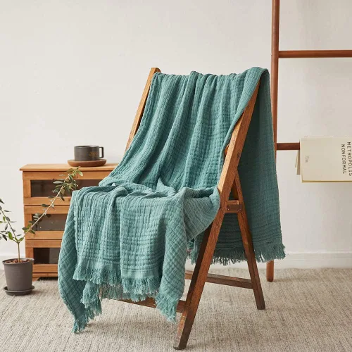 Miniatura 15 de Simple&Opulence Manta de muselina de algodón para cama, sofá, manta de gasa tejida de punto con borlas, suave, ligera, acogedora, prelavada