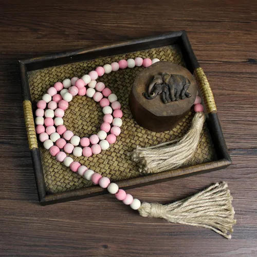 Miniatura 7 de CVHOMEDECO. Guirnalda de cuentas de madera con borlas de madera rústica para decoración de festivales en el hogar. Mezcla rosa envejecida