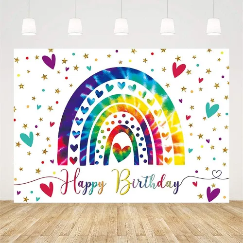 Miniatura 2 de AIBIIN Fondo de fiesta de cumpleaños de arcoíris bohemio de 7 x 5 pies para niña, feliz primer cumpleaños, fondo de fotografía, colorido amor