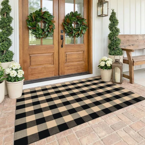 Miniatura 24 de KOZYFLY - Alfombras de área a cuadros de búfalo de 2x3 pies, alfombra a cuadros en negro y blanco lavable, alfombra de puerta delantera tejida a