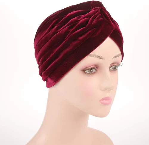 Miniatura 4 de Sombrero de quimioterapia de terciopelo plisado con volantes elásticos para mujer