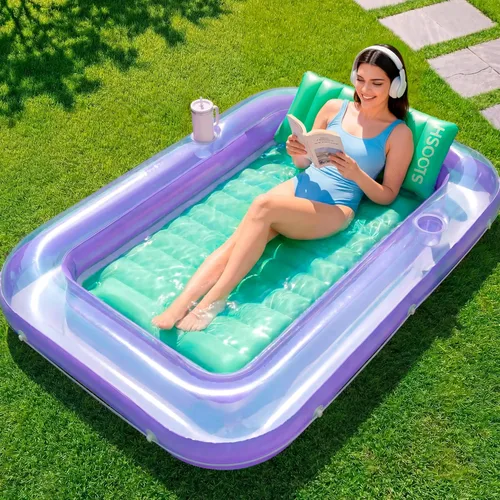 Miniatura 13 de SLOOSH Flotador inflable para adultos, con almohada, 216 x 145 cm, 4 en 1: balsa estilo tina bronceadora, camastro para tomar el sol, para fiestas