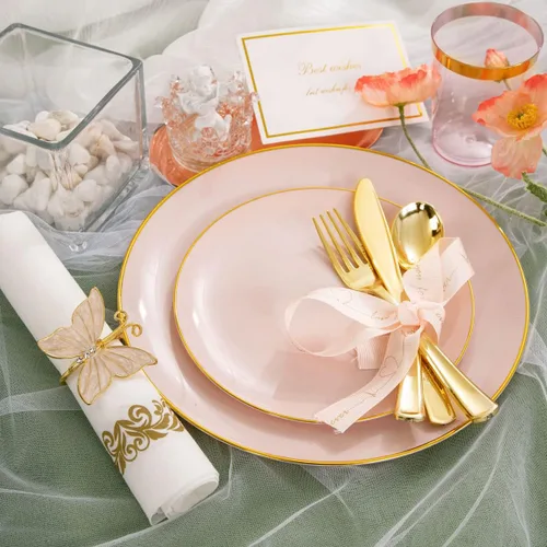 Miniatura 2 de Rubtlamp Juego de 210 platos de plástico rosa con cubiertos de plástico dorado que incluye 30 platos de cena rosa y 30 platos de postre, cubiertos
