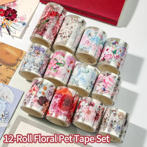 Miniatura 2 de Juego de 12 Rollos de Cinta Washi Floral de PET y Pegatinas de PET – Fácil de Usar para Journaling y Elaboración de Tarjetas, Ideal