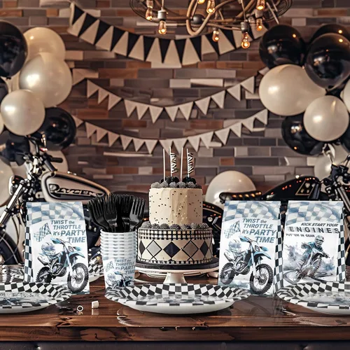 Miniatura 6 de Suministros de fiesta de cumpleaños para 40 invitados, juego de platos de cumpleaños y servilletas de motocross, decoraciones de fiesta de motocross