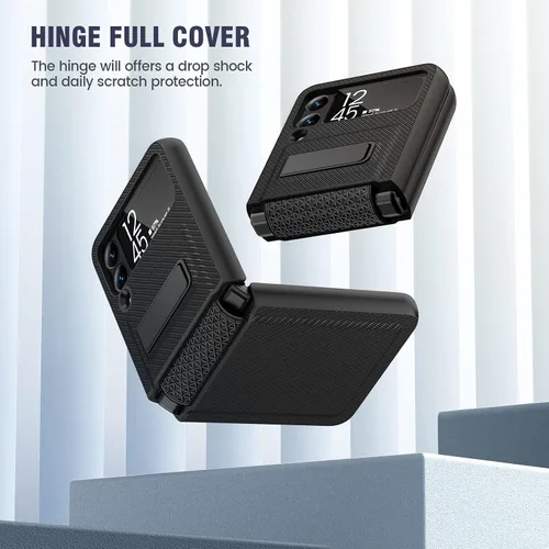 Miniatura 5 de Caka Compatible para Galaxy Z Flip 3 5G con soporte de patas, Funda para Z Flip 3 con protector de cámara, protección de bisagras y carga Negro