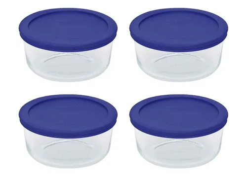 Pyrex 7201 Cuencos de vidrio de 4 tazas y tapas azules cadete de 7201 piezas (paquete de 4) perfectos para preparación de comidas, organización,