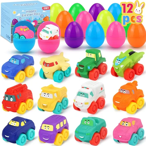 Huevos de Pascua precargados con autos de juguete: 12 huevos de Pascua rellenos con juguetes de goma suave, rellenos de cesta de Pascua para bebés,