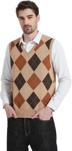 Miniatura 8 de Kallspin Suéter tipo chaleco con rombos para hombre, mezcla de lana, cuello en V, sin mangas