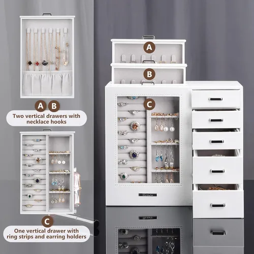 Miniatura 3 de Homde Joyero grande con ventana de cristal, cajones para collares, aretes, anillos, pulseras, relojes, regalo para mujeres y niñas