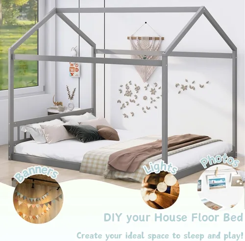 Miniatura 3 de Bellemave Cama de casa Queen con techo de madera, camas Montessori para niños, marco de cama de piso de madera para niñas, niños, adolescentes y Gris