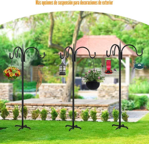 Miniatura 6 de FEED GARDEN Gancho de pastor doble ajustable para exteriores con base de 5 puntas de 63 pulgadas, poste resistente de comedero de pájaros de dos