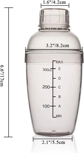 Miniatura 2 de Coctelera de plástico, mezclador de bebidas, agitador manual con taza y escalas, transparente (10 oz / 300cc)