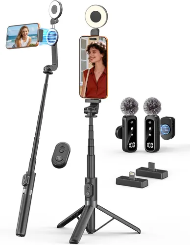 Miniatura 10 de USKEYVISION Palo de Selfie Magnético con Trípode, Luz y Control Remoto, Trípode para Teléfono con Soporte Magnético para Magsafe, Soporte Giratorio