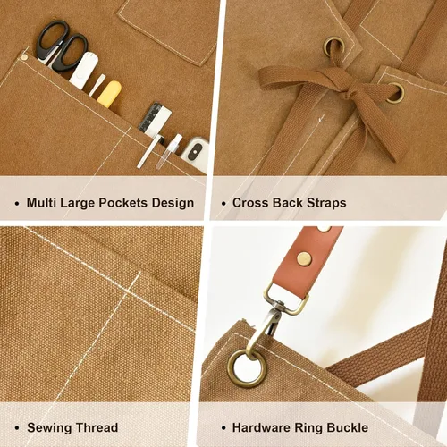 Miniatura 3 de OUNLEN Delantal de Chef para Hombres y Mujeres de Lona con 3 Bolsillos, Delantal Resistente de Trabajo con Espalda Cruzada para Cocinar Amarillo