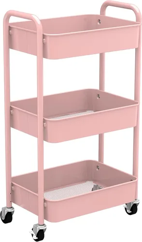 CAXXA Organizador de Almacenamiento de Metal Rodante de 3 Niveles - Carrito de Utilidad Móvil con Ruedas Giratorias, Rosa