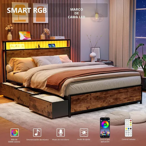 Miniatura 3 de Forestell Full Size Bed Frame with Storage Headboard & 6 Drawers, Metal Platform Bed Frame with LED Lights & Charging Station, 2 Tier Shelf Storage