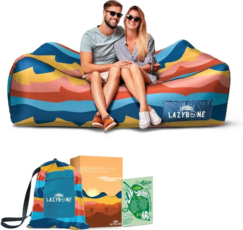 Miniatura 19 de Chillbo Inflatable Couch – Unique Designs - No-Pump Setup, Ripstop Polyester, Stability Pegs, Fun Prints - Portable Air Inflatable Lounger for Azul
