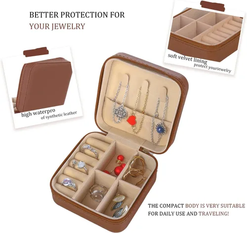 Miniatura 4 de KElofoN Organizador de joyas de viaje, joyero de viaje, caja organizadora de joyas pequeña para niñas y mujeres (1, marrón)