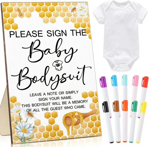 Qunclay 12 piezas de decoración de juego de baby shower con body blanco unisex de madera, letrero de madera y marcador para invitados (abeja)