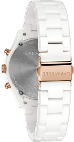 Miniatura 3 de Bulova Reloj de cerámica de dos tonos de cuarzo cronógrafo deportivo para mujer, esfera blanca 45L174, Blanco, Pulsera de cerámica blanca
