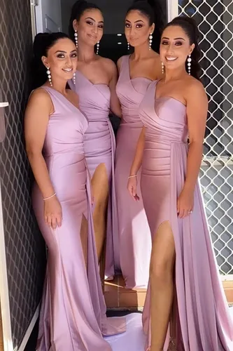 Miniatura 6 de Vestidos de dama de honor de un hombro para boda con abertura lateral, vestidos de sirena de satén con cola
