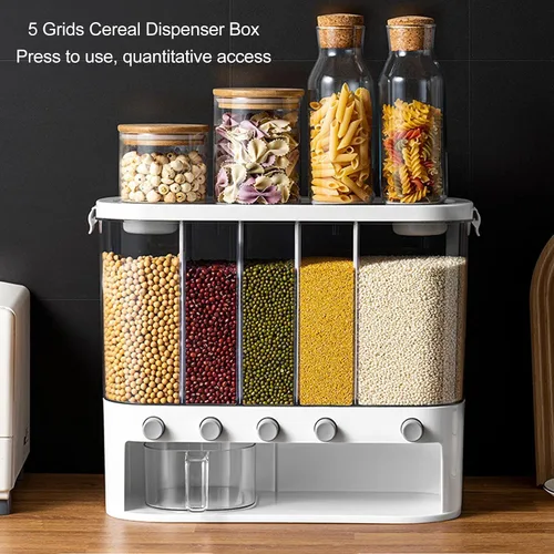 Miniatura 2 de Dispensador de alimentos secos de 5 rejillas, dispensador de cereales transparentes de 16.1 x 6.3 x 13.2 pulgadas con tapa extraíble, recipiente