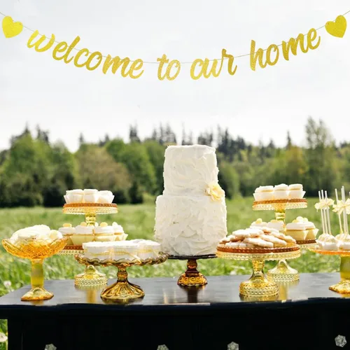 Miniatura 7 de Starsgarden Cartel dorado con purpurina "Welcome to Our Home" para inauguración de la casa, decoración militar patriótica, suministros para fiestas