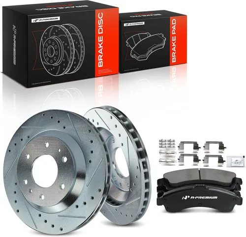 A-Premium 305mm (12.01 pulgadas) Juego de rotores de freno de disco perforados y ranurados delanteros + pastillas cerámicas Compatible con modelos