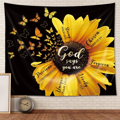 Miniatura 8 de AMBZEK Tapiz de girasol amarillo de 51 pulgadas de alto x 59 pulgadas de ancho, mariposa, floración floral, planta de primavera, marrón, rústico
