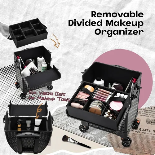 Miniatura 3 de Yueieoun Maletín de Maquillaje Profesional 5 en 1 con Ruedas, Estuche de Cosméticos Extra Grande de Aluminio Rodante Trolley de Maquillaje Negro Air