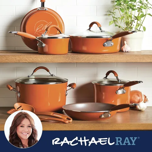 Miniatura 8 de Rachael Ray Cucina - Juego de ollas y sartenes antiadherentes, 12 piezas, color naranja calabaza Naranja (Pumpkin Orange)