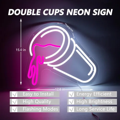 Miniatura 4 de Moodion - Letrero de neón de doble taza para decoración de pared, letreros de luces LED de neón rosas regulables para bar y cueva de hombre, cup