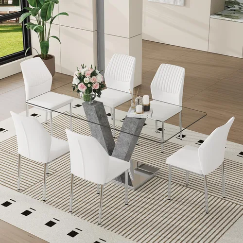 Miniatura 9 de Juego de mesa de comedor de cristal moderno de 71 pulgadas para 6, juego de mesa de comedor de 7 piezas con sillas y mesa de vidrio templado
