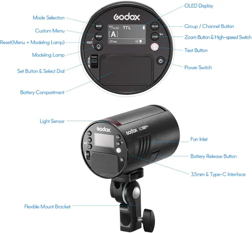 Miniatura 6 de GODOX AD100Pro Luz de Flash de Estudio en Bolsillo para Fotografía con Pantalla OLED 5800K 1/8000s Sync TTL/Multi/M Flash Integrado 2.4G Wireless X