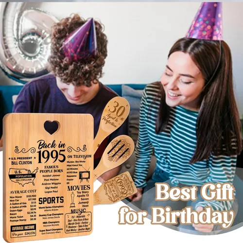 Miniatura 2 de Regalos de cumpleaños número 30 para mujeres – Regalos de cumpleaños número 30 para hombres, tabla de cortar, hecha de bambú grabada "Year 1995 News