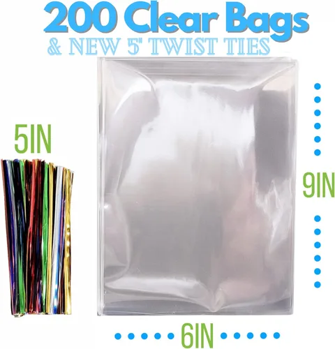 Miniatura 2 de TATTI Paquete de 200 bolsas de celofán transparentes para regalos, bolsas transparentes para fiestas de cumpleaños, bolsas transparentes de 6 x 9