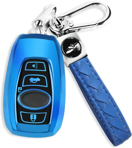 QBUC Funda para llavero Subaru con llavero de cuero, apta para Forester Crosstrek Outback Ascent Impreza Legacy Subaru de 4 botones (azul)