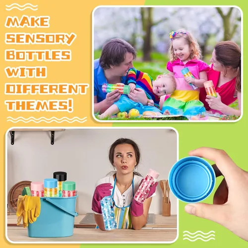Miniatura 4 de Hoolerry 16 botellas sensoriales de plástico vacías con tapas, botellas de agua sensoriales de plástico transparente reutilizables para Rosa Verde