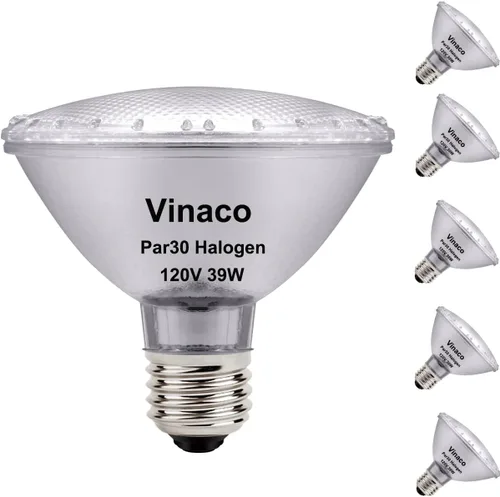 Vinaco PAR30 - Paquete de 6 focos halógenos de alto rendimiento PAR30 de cuello corto de 39 W, luz de inundación halógena de alto rendimiento blanco