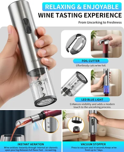 Miniatura 5 de CIRCLE JOY Juego de regalo de abridor de botellas de vino eléctrico 7 en 1 de acero inoxidable recargable con bomba de vacío automática, cortador