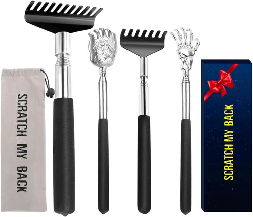 Juego de regalo de rascador de espalda, paquete de 4, herramienta de masaje telescópica portátil extensible de acero inoxidable, relleno de negro 4