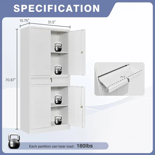 Miniatura 3 de Armario de almacenamiento de metal, archivador alto con 2 estantes ajustables y cajón, gabinete de herramientas de acero con cerradura para oficina