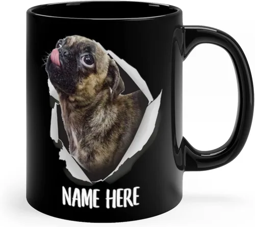Miniatura 3 de Divertida taza de café personalizada con nombre personalizado de Pug Brindle, regalos de Navidad 2025, tazas de cerámica, color negro, 11 onzas